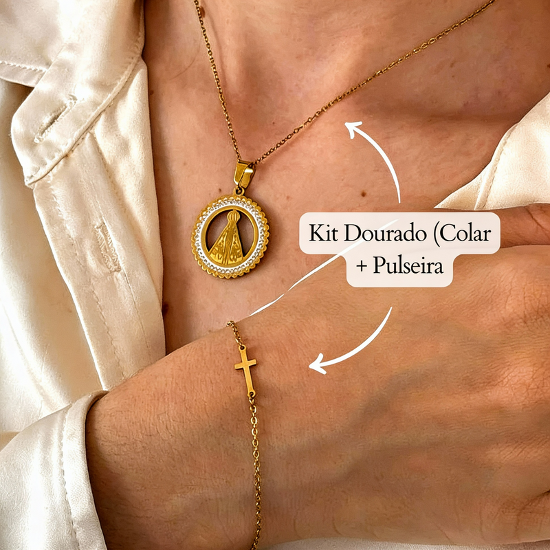Kit Colar Nossa Senhora Aparecida e Pulseira Crucifixo de Aço Inox